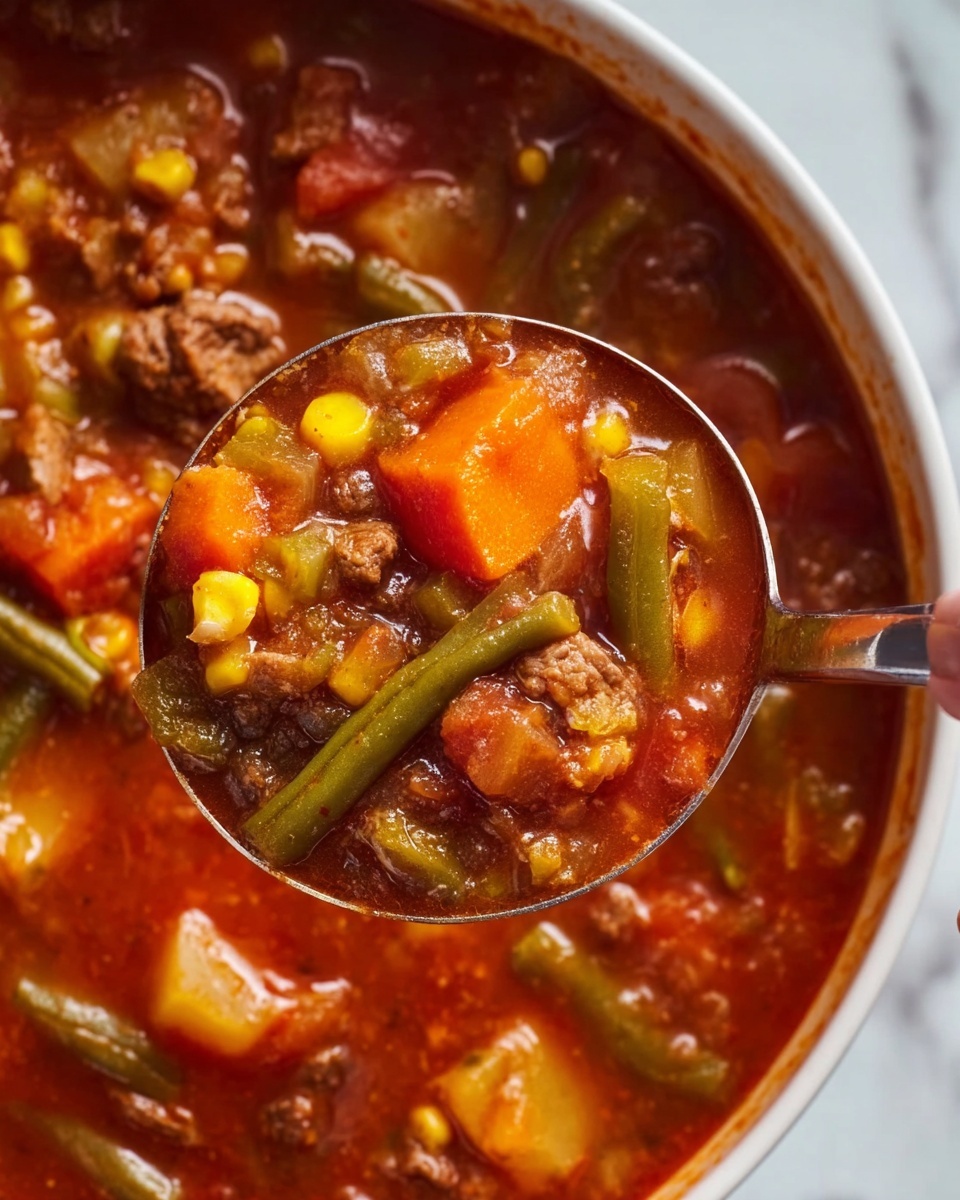 The image shows a close-up of a thick soup with many layers of ingredients visible in a woman’s hand ladle. The top layer is a rich red broth with a glossy texture. Inside the broth, there are chunks of orange carrot, yellow corn kernels, green beans, and small pieces of browned meat. The soup is held over a white bowl filled with the same stew, placed on a white marbled surface. The ladle is metal and slightly shiny, and the overall color of the dish is warm with orange, yellow, green, and brown tones in a hearty mix photo taken with an iphone --ar 4:5 --v 7