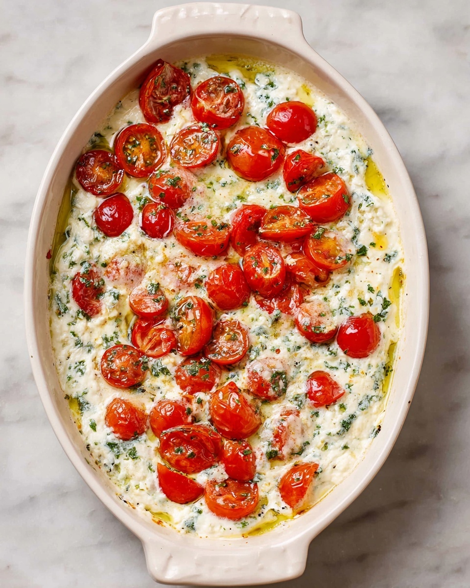 An oval white ceramic dish filled with a creamy white mixture that shows small pieces of green herbs evenly spread throughout. On top, the dish is covered with bright red cherry tomatoes, some whole and some cut in half, scattered across the surface, creating a colorful contrast with the creamy base. The edges show slight browning and a glossy layer of olive oil pooling gently around the sides. The dish is placed on a white marbled surface. photo taken with an iphone --ar 4:5 --v 7