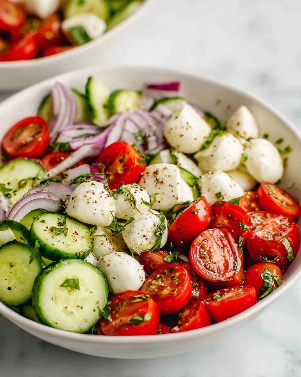 A close-up view of a white bowl filled with a colorful salad showing about three layers: the bottom layer with fresh cucumber slices in bright green, the middle layer with halved cherry tomatoes in vibrant red, and the top layer with small white mozzarella balls sprinkled with black pepper flakes, mixed with thin slices of purple onion and chopped fresh herbs. The salad looks fresh and lightly seasoned. The background has a white marbled texture and part of another bowl with similar salad is blurred in the top part of the image. photo taken with an iphone --ar 4:5 --v 7