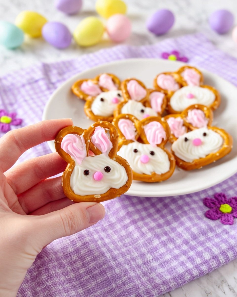 A close-up of small bunny-shaped snacks held by a woman's hand in the foreground. Each snack has two layers: the base is a golden-brown pretzel shaped like bunny ears and a face outline, the top layer is white icing filling the ear sections with a pink center swirl, and the face has small black eyes and a pink nose made from icing. Several bunny snacks are placed on a white plate in the background. The plate sits on a purple and white checkered cloth on a white marbled surface decorated with pastel-colored candy eggs and embroidered purple flowers. Photo taken with an iphone --ar 4:5 --v 7
