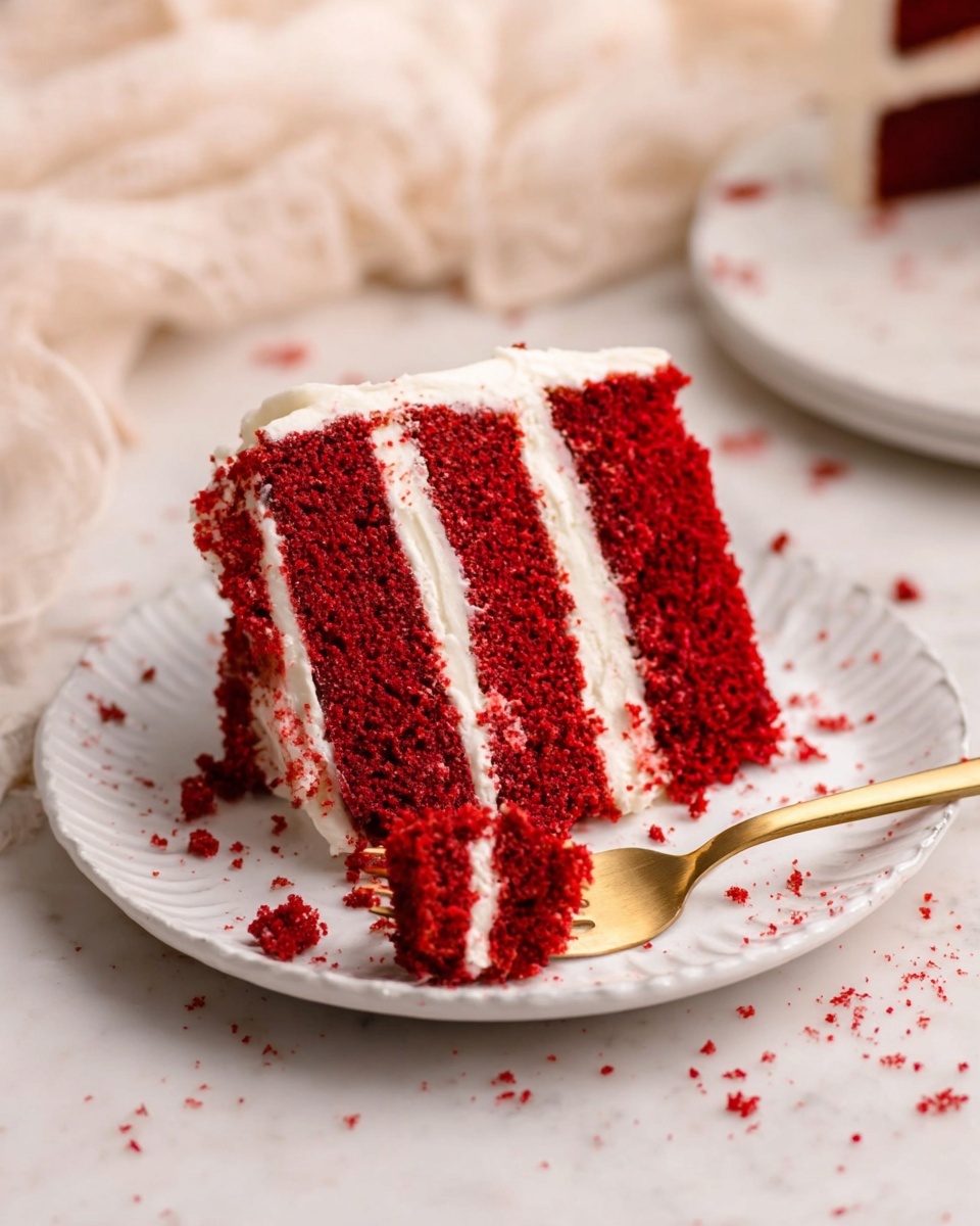 The image shows a slice of red velvet cake on a white plate with three thick, moist red layers separated by two layers of smooth white cream cheese frosting, and a final frosting layer on top. The cake slice is slightly angled, with a gold fork resting on the plate picking up a small piece of the cake. There are red crumbs scattered around the plate and on the white marbled surface. The background is softly blurred with light fabric textures. Photo taken with an iphone --ar 4:5 --v 7