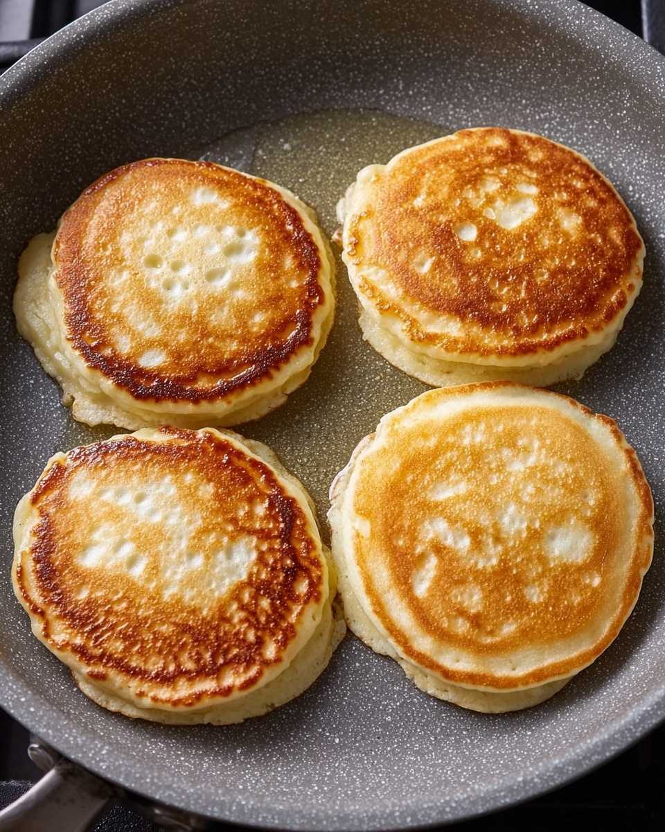 There are four round pancakes cooking in a gray frying pan. Each pancake has a golden brown top with small bubbles and a soft, slightly lighter edge. The pancakes sit side by side with a little space between them, and there is some oil around the edges that looks shiny and hot. The pan’s surface is speckled dark gray, and it rests on a stove. photo taken with an iphone --ar 4:5 --v 7