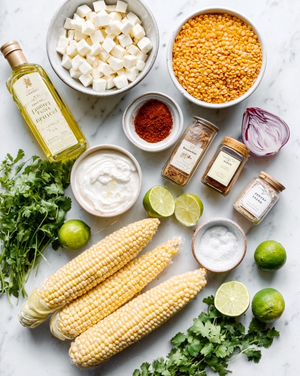 The image shows a white marbled surface with various fresh cooking ingredients arranged neatly. There are three ears of corn with pale yellow kernels placed in the lower right. To their left, there is a white bowl filled with small white cheese cubes, and above it, another white bowl containing red chili powder. On the top right, a white bowl is full of golden-yellow lentils. Nearby, there is a bottle of light olive oil and two small containers with labeled spices – one labeled “PAPRIKA” and another labeled “SAFRON.” There are two lime halves, one whole lime, and a bunch of green cilantro at the lower left. Near the mint green lime, there are two small white bowls, one with white salt and the other with a white yogurt or sour cream. A sliced red onion rests near the cilantro. The image is bright and clean with everything placed on the white marbled surface — photo taken with an iphone --ar 4:5 --v 7