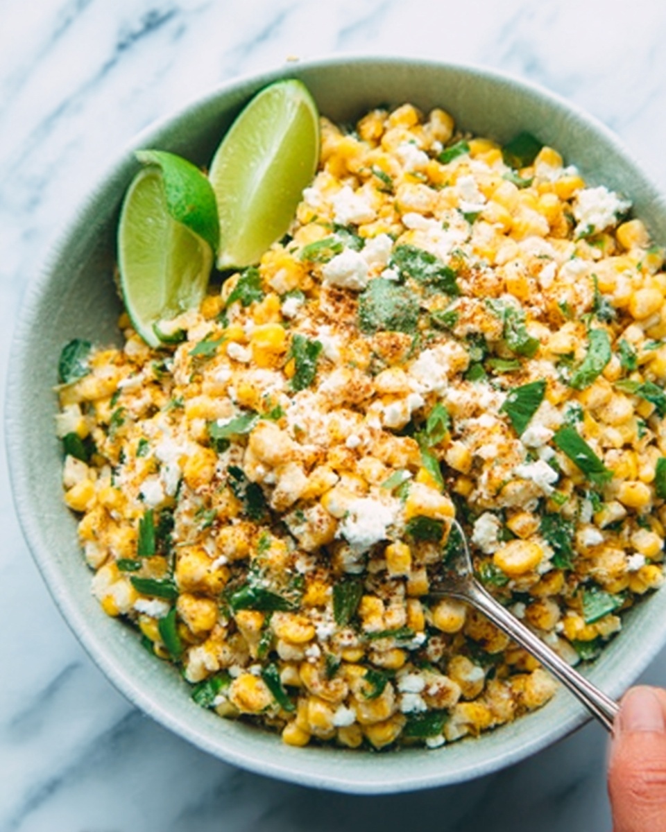A white bowl filled with a layered mix of yellow corn kernels, green chopped herbs, and white crumbled cheese, all mixed together with a creamy texture and some seasoning. There are two lime slices resting on the edge of the bowl. A woman's hand holds a silver fork, placed inside the bowl, ready to scoop some of the colorful corn mixture. The background shows a white marbled surface. photo taken with an iphone --ar 4:5 --v 7