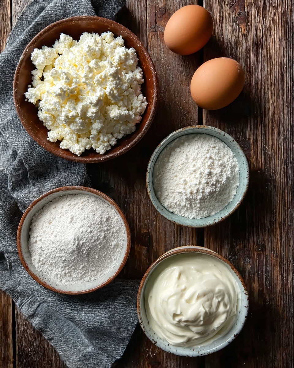 A top-down view of six ingredients arranged on a wooden surface with a gray cloth partly under three brown eggs placed near the top center. On the left is a round brown bowl filled with white, crumbly cottage cheese. Below, two rustic white bowls hold white powders—one is flour, and the other is powdered sugar. To the right, a white bowl contains thick white cream. The colors contrast nicely between the brown, white, and the wooden table's dark texture photo taken with an iphone --ar 4:5 --v 7