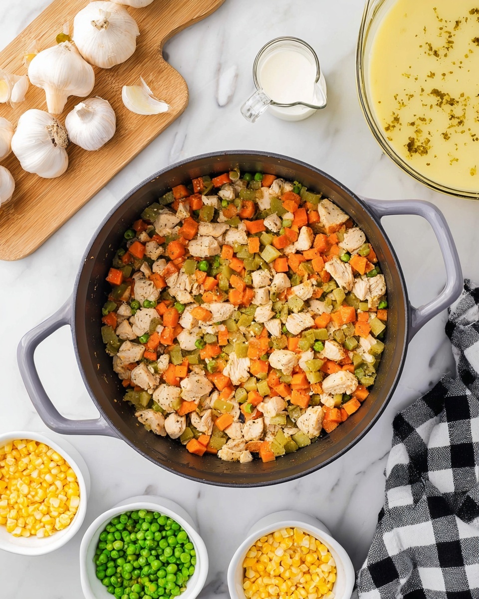 A large black cooking pot with gray handles is filled with a mix of small, soft diced pieces of light brown cooked chicken, bright orange diced carrots, and green diced celery, all mixed together evenly. Surrounding the pot are small white bowls holding bright yellow corn kernels and fresh green peas, a clear glass measuring cup with white cream, some white mushrooms, and whole garlic bulbs resting on a light brown wooden board. To the top right, there is a large clear glass bowl filled with light yellow creamy soup with a drizzle of oil on top. The setting is on a white marbled surface with a black and white plaid cloth visible in the bottom right corner. Photo taken with an iphone --ar 4:5 --v 7