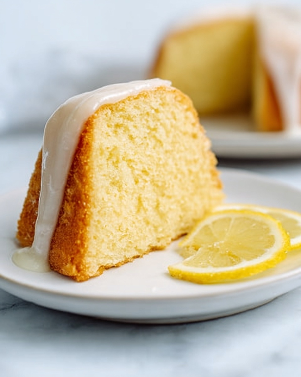 A slice of yellow cake with a smooth and soft texture is placed on a white plate. The cake has one thick layer with a light yellow color inside and a slightly darker golden-brown crust outside. A thin layer of white icing slowly drips down the side of the slice. Next to the cake on the plate, there are two shiny lemon slices giving a fresh and bright touch. The plate is set on a white marbled surface. Photo taken with an iphone --ar 4:5 --v 7