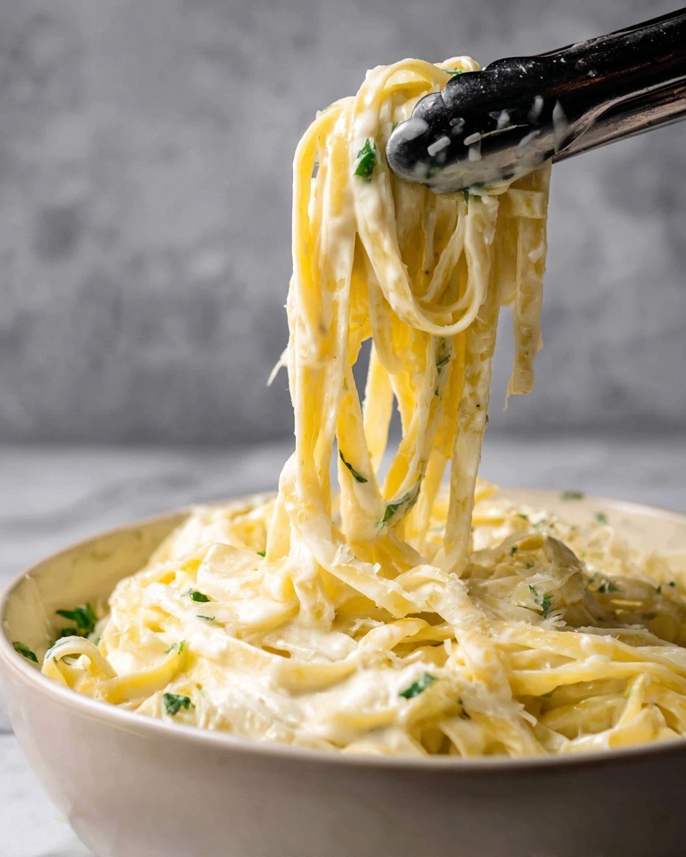 This image shows pale yellow fettuccine pasta covered in a creamy, smooth white sauce with small pieces of green herbs mixed in. The pasta strands are thick and long, gathered and lifted by black tongs above a white bowl filled with more of the saucy pasta. The sauce looks rich and coats the pasta evenly, with some texture visible from the herbs and creamy sauce. The background is a soft gray and the bowl sits on a white marbled surface. photo taken with an iphone --ar 4:5 --v 7