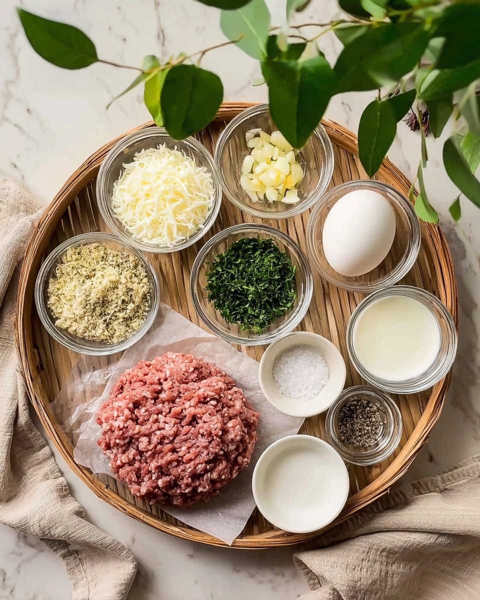 A round woven tray holds several small clear glass bowls and one white egg arranged in a neat circle on a white marbled surface. The bowls contain different ingredients: one has minced garlic, another has finely chopped onions, a third holds green chopped herbs, a fourth contains white shredded cheese, and a fifth has a mix of bread crumbs with herbs. There is a larger amount of raw ground meat placed on a piece of parchment paper near the bottom right. Two small bowls hold white salt and black pepper. A small bowl with white liquid is also present. A beige cloth napkin lies to the side of the tray, and some green leaves hang over the setup, creating a fresh natural look. Photo taken with an iphone --ar 4:5 --v 7