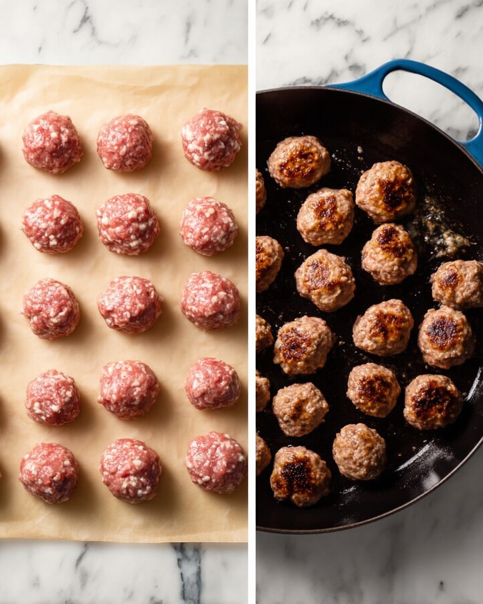 Left side shows 24 raw meatballs, arranged in four rows and six columns, resting on beige parchment paper. The meatballs are pink with white specks, smooth, round, and slightly uneven. Right side shows 24 cooked meatballs in a black skillet with a blue handle, placed on a white marbled surface. The cooked meatballs are golden brown with a slightly crisp texture and some dark spots from frying. photo taken with an iphone --ar 4:5 --v 7