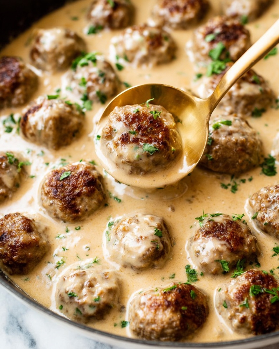 The image shows a close-up of many round meatballs covered in a creamy light beige sauce, with some green herb pieces sprinkled on top. The meatballs are browned and slightly textured on the surface, peeking through the smooth sauce. A shiny gold spoon is dipping into the sauce, lifting one meatball in the center. The background is a white marbled surface. The photo taken with an iphone --ar 4:5 --v 7