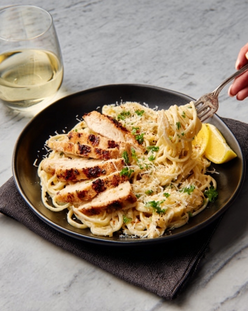 The image shows a black plate filled with a serving of pasta topped with several slices of grilled chicken that have a light golden brown color with grill marks. The pasta looks creamy and is mixed with small green parsley pieces, adding a fresh touch. On the right side of the plate, there is a thin lemon slice placed partially on top of the pasta. A woman’s hand is holding a fork, lifting some of the pasta. The plate rests on a white marbled surface with a folded dark cloth napkin underneath the plate. In the background to the left, there is a clear glass of white wine. photo taken with an iphone --ar 4:5 --v 7