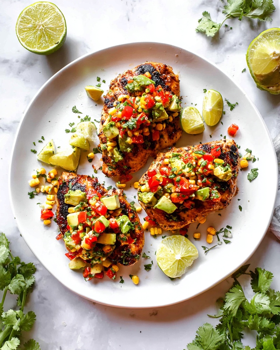 On a white plate with a white marbled textured surface underneath, there are three grilled pieces of chicken at the center, each topped with a colorful salsa consisting of small diced red tomatoes, yellow corn kernels, and green avocado cubes, with some chopped cilantro sprinkled on top. Around the chicken pieces, there are several lime wedges placed unevenly. Fresh cilantro leaves are scattered around the plate and surface, adding green highlights. At the top of the image, half a lime and lime wedges are also visible on the white marbled background. The photo is taken with an iphone --ar 4:5 --v 7