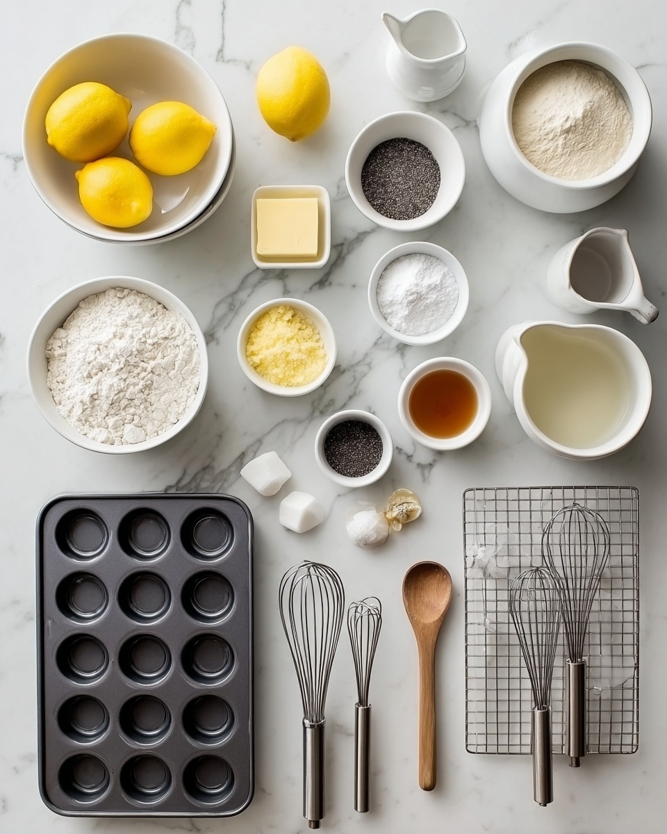 The image shows a top view of various baking ingredients and tools neatly arranged on a white marbled surface. There are three white bowls with bright yellow lemons, one with whole lemons and one with a lemon cut in half. Three other white bowls hold white flour, a pale yellow square of butter, and white powdered sugar. Two smaller white bowls contain dark poppy seeds and light brown sugar. Next to these are two small white pitchers, one with milk and the other with cream. A small white dish holds amber-colored vanilla extract, and a white spoon contains white salt. The tools include three metal whisks, two wooden spoons, a small wooden handled brush, and a round metal sieve nested inside two metal mixing bowls. A black round baking pan with seven circular molds and a silver wire cooling rack complete the arrangement, all placed carefully without any overlap photo taken with an iphone --ar 4:5 --v 7