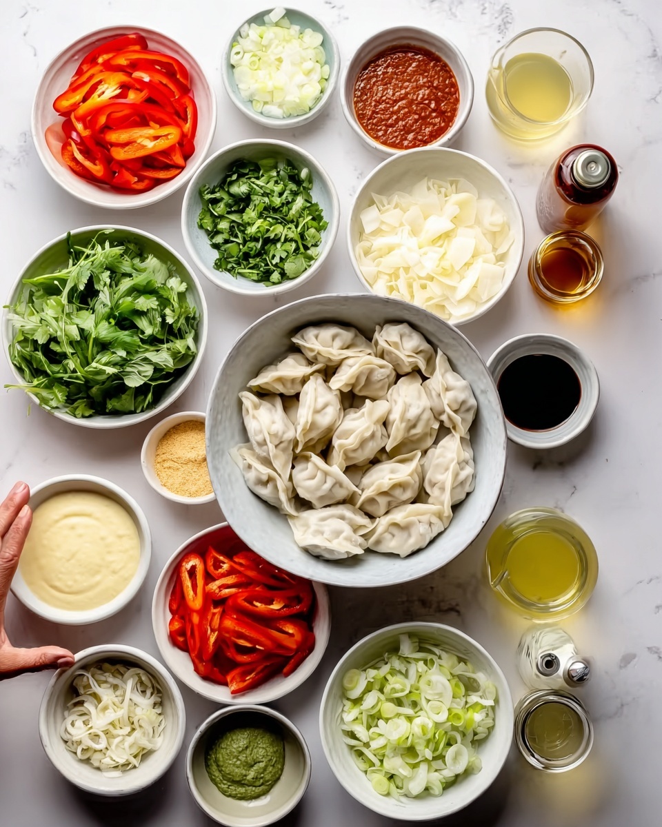 The image shows a collection of small white bowls arranged on a white marbled surface, each filled with different ingredients. In the center, there is a large white bowl filled with folded dumplings. Surrounding it are bowls containing sliced red bell peppers, chopped green herbs, a vibrant red sauce, chopped onions, a light yellow powder, and various other ingredients such as liquids in clear containers. The colors range from bright greens, reds, and yellows to creamy whites and browns, creating a colorful and fresh look. A woman's hand is reaching towards the bowls, suggesting preparation or cooking. Photo taken with an iphone --ar 4:5 --v 7