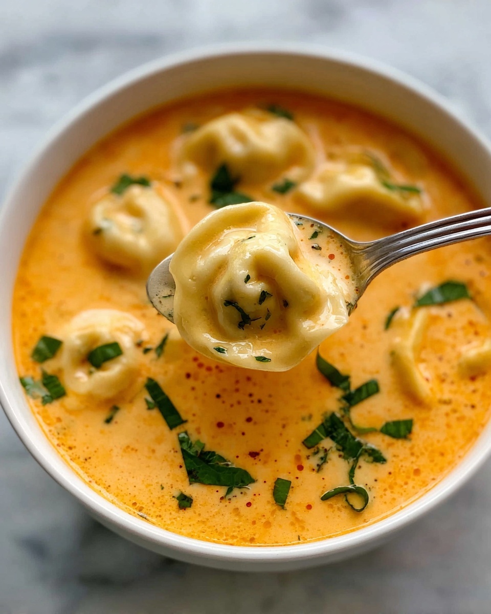 A close-up of a white bowl filled with creamy orange soup with small folded dumplings inside. The soup has a smooth texture with small green herb leaves floating on top. A spoon holds one dumpling coated in the creamy soup, also showing bits of green herbs. The background has a white marbled texture. Photo taken with an iphone --ar 4:5 --v 7