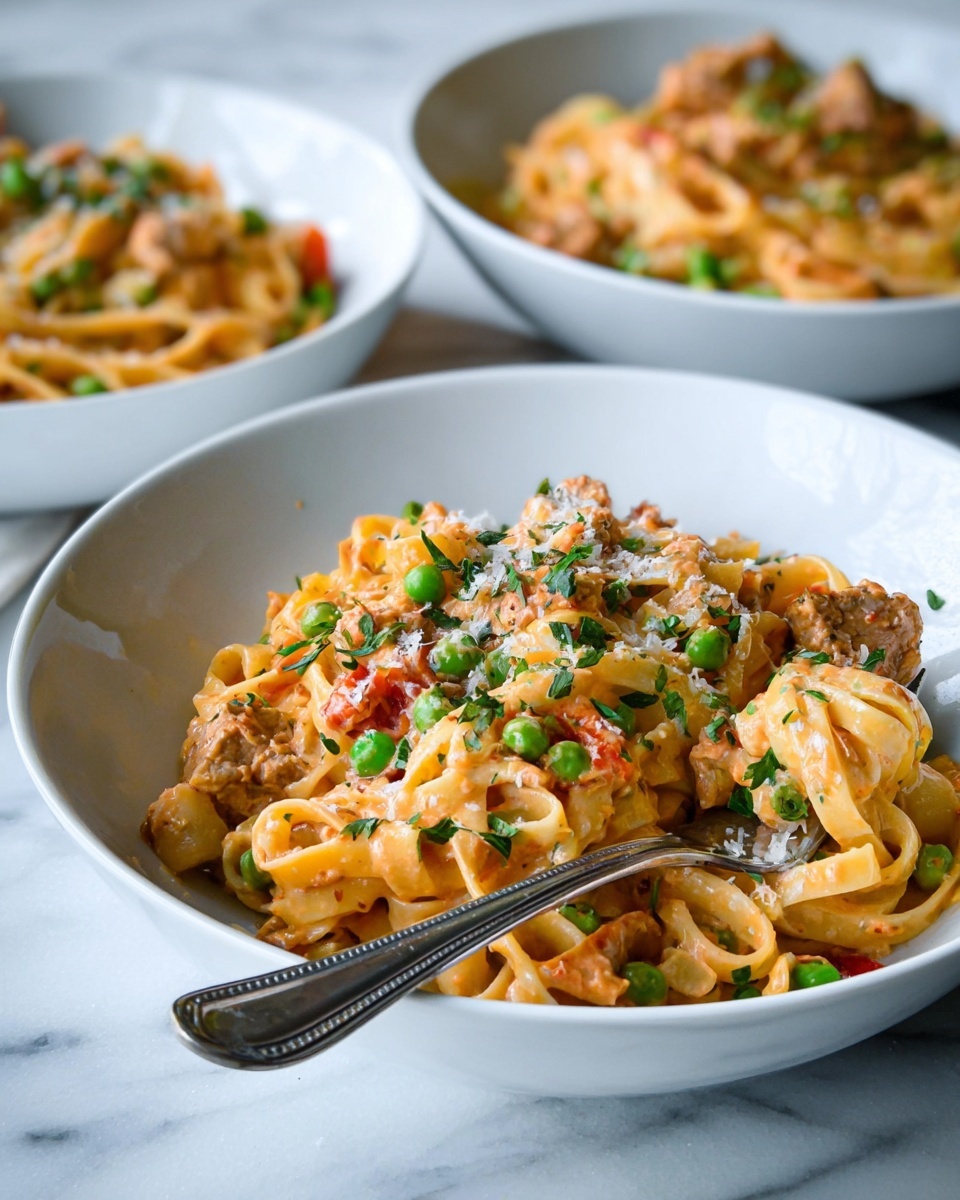 A white shallow bowl holds a pasta dish with three clear layers of fettuccine noodles that are creamy light orange in color mixed with small round green peas scattered on top and inside the pasta. Pieces of light brown, tender meat are mixed evenly throughout the dish, along with small cubes of yellow potato and bits of red bell pepper, adding more color and texture. The pasta is sprinkled with finely grated white cheese and green herbs, giving a fresh look. A silver fork rests on the right side of the bowl with some pasta wrapped around its tines. The scene is set on a white marbled surface with two more bowls of the same dish blurred in the background, creating depth. photo taken with an iphone --ar 4:5 --v 7