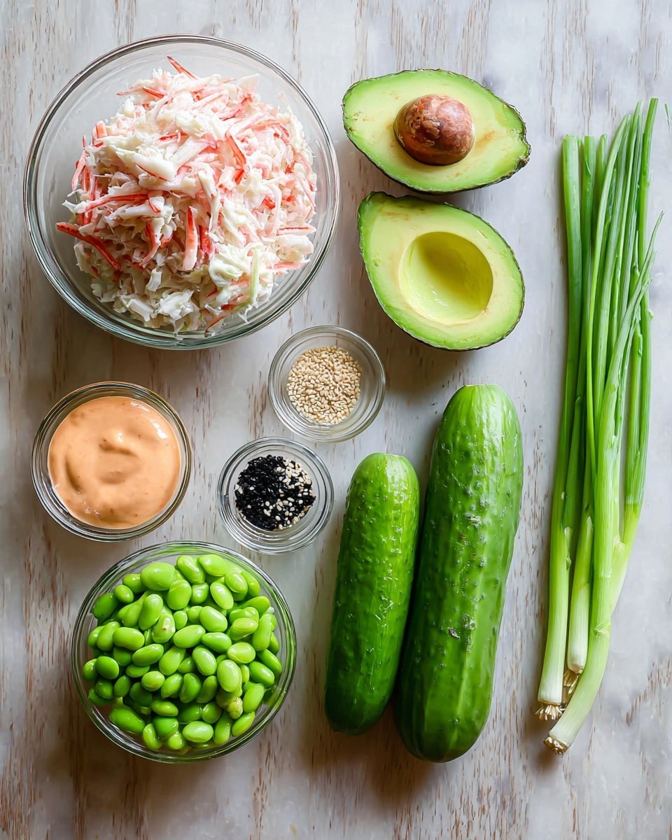 The image shows ingredients for a dish arranged on a white marbled surface: a glass bowl filled with shredded white and light pink crab meat at the top center; to its right, two halves of an avocado with one half showing the seed and the other empty; below the crab bowl, a smaller glass bowl of green edamame beans; below that, another small glass bowl with a creamy light orange sauce; next to it, a tiny glass bowl holding a mix of black and white sesame seeds; to the right of the edamame and bowls, a group of five whole bright green cucumbers stacked close together; on the far right side, a bunch of fresh green onions with white bulbs and green stalks laid parallel; all the items are crisply detailed and colorful, on a white marbled surface photo taken with an iphone --ar 4:5 --v 7