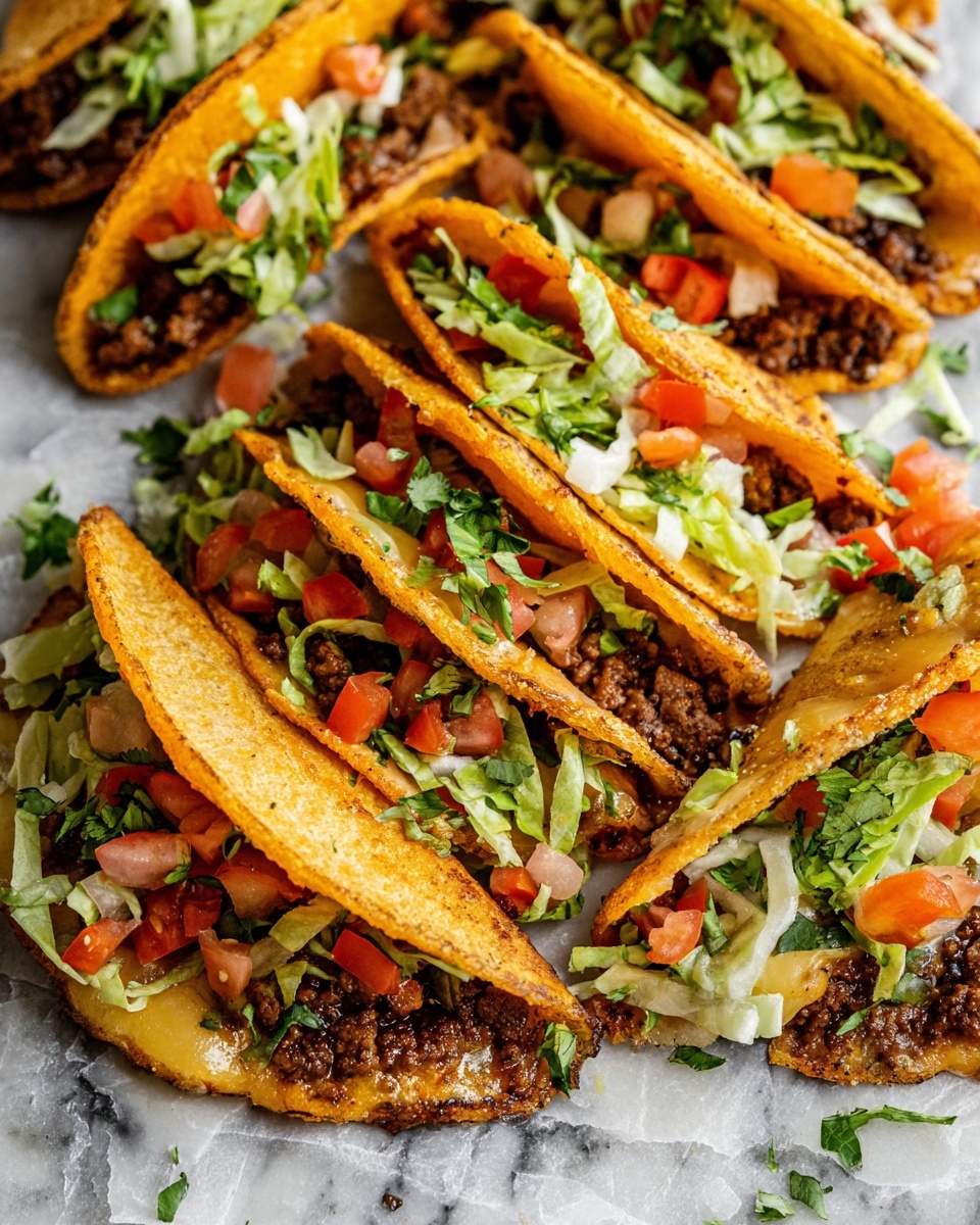 Several tacos are arranged closely on a white marbled surface covered with crinkled parchment paper. Each taco has a folded, golden-brown outer shell with slightly crispy edges and a soft texture, enclosing three visible layers: a bright orange melted cheese base, a dark brown crumbly meat filling, and fresh toppings of chopped red tomatoes, light green shredded lettuce, and small green cilantro leaves scattered on top. The tacos show a mix of warm, toasty colors with fresh, cool greens and reds from the vegetables. photo taken with an iphone --ar 4:5 --v 7