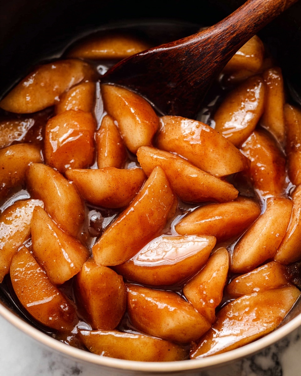 The image shows many pieces of cooked apple slices in a pot, each piece soft and covered in a shiny, thick brown syrup with visible cinnamon specks, giving them a rich, warm color. A dark wooden spoon is partially visible, stirring the apple pieces, which are layered closely together, filling the pot. The syrup has a smooth, glossy texture, pooling around the apples and giving the dish a moist and sticky look. The background surface is white marbled. photo taken with an iphone --ar 4:5 --v 7