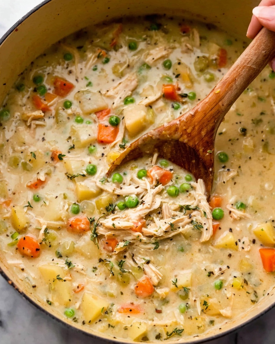 A close-up view of a creamy chicken and vegetable soup in a pot, showing a thick, light beige broth with visible pieces of shredded chicken, sliced carrots, green peas, and diced potatoes mixed throughout. Small bits of herbs are scattered within the soup, adding specks of green. A wooden spoon is partially submerged in the soup, stirring the mixture, held by a woman's hand. The pot rests on a white marbled surface. Photo taken with an iphone --ar 4:5 --v 7