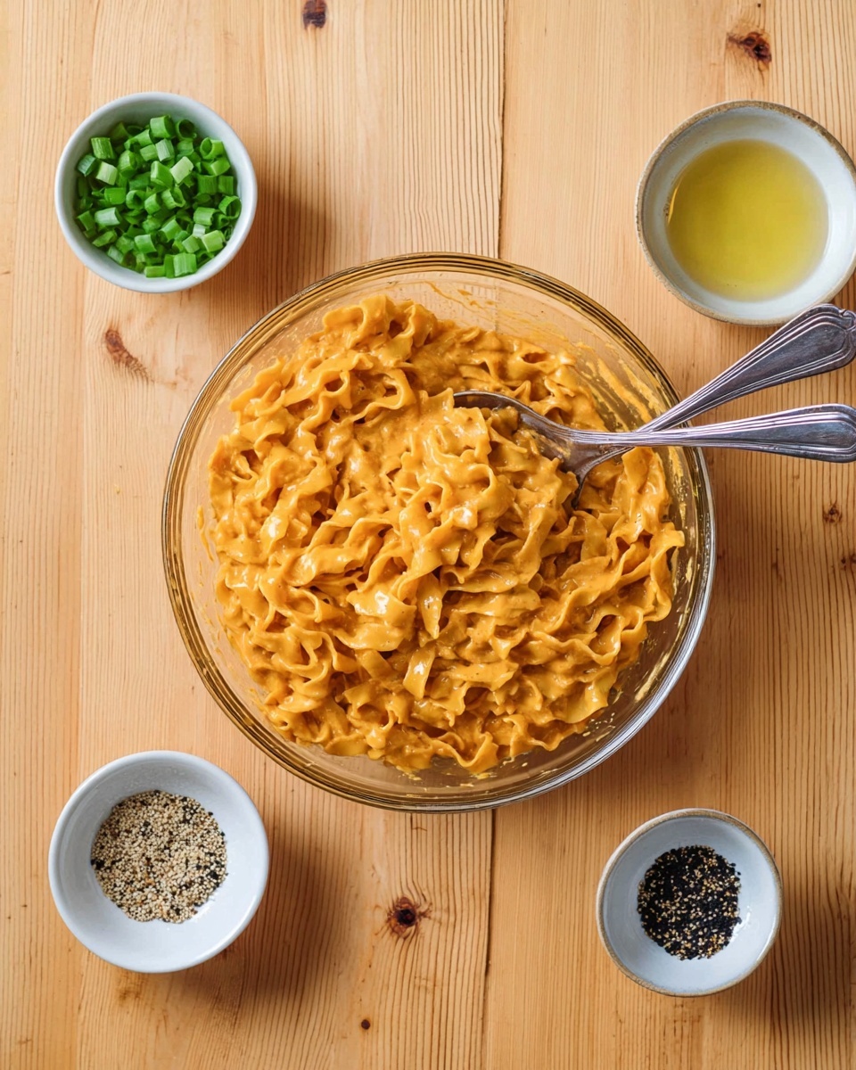 A clear glass bowl filled with creamy, orange-colored noodles with a thick texture sits on a light wood surface. Two silver spoons rest in the bowl, one on the left side and one at the bottom. Surrounding the bowl are four small white bowls placed on the wooden surface: one with chopped bright green onions on the top left, one with a small amount of light yellow liquid on the bottom left, one with coarse black pepper on the bottom center, and one with a mix of black and white seeds on the bottom right. The setting is neat and simple, with the focus on the rich noodles in the center. Photo taken with an iphone --ar 4:5 --v 7