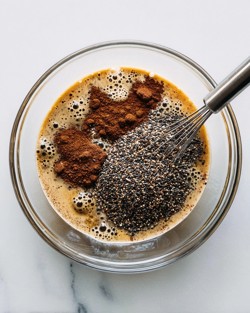 A clear glass bowl sits on a surface with a white marbled texture, filled with several layers of ingredients. The largest layer is a light brown liquid with bubbles. On top of this, there are small heaps of dark brown powder spread unevenly across the liquid. A thick cluster of tiny black and white seeds covers about one-third of the surface. In the top right corner, a metal whisk with a black handle rests on the surface next to the bowl. Photo taken with an iphone --ar 4:5 --v 7