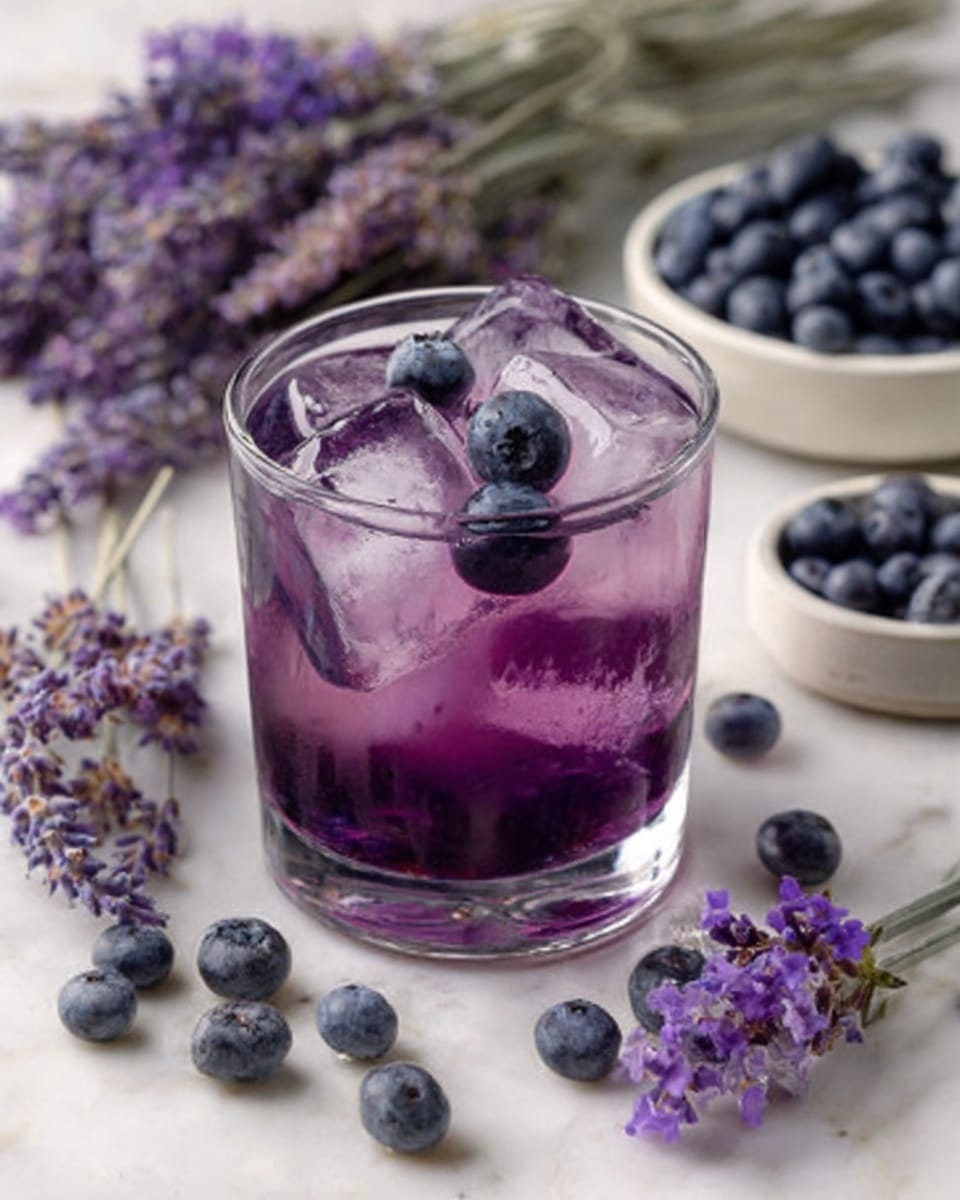 A clear short glass filled with a purple drink sits on a white marbled surface. The drink has two large clear ice cubes, dark blue blueberries floating both on top and inside. Around the glass are small bunches of light purple lavender flowers and blueberries scattered casually. In the background, there are two white bowls: one with lavender flowers and another filled with blueberries. The colors are soft purples, blues, and whites, giving a fresh and calm feeling. photo taken with an iphone --ar 4:5 --v 7