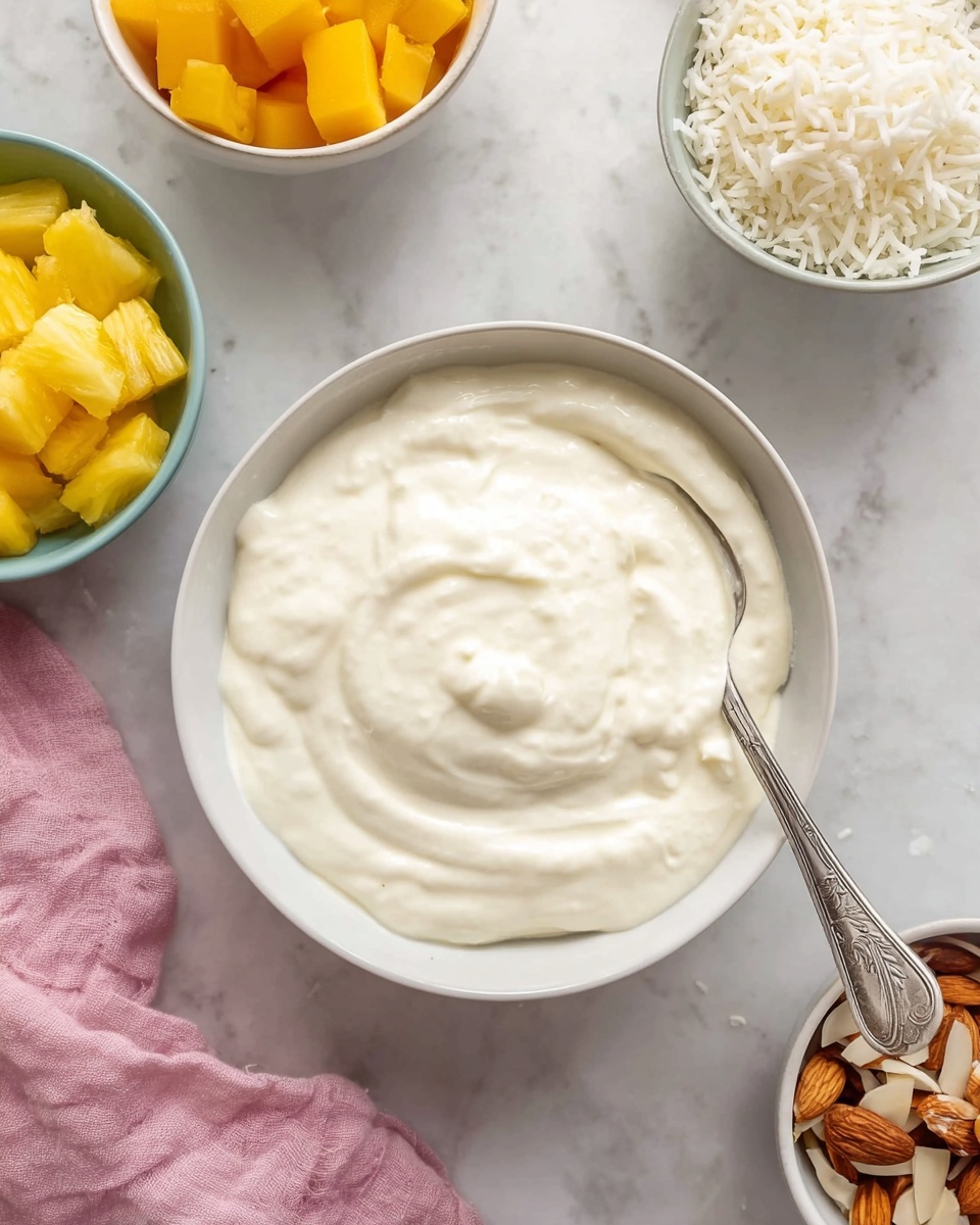 A white bowl filled with a smooth, creamy white yogurt-like mixture with a spoon resting inside the bowl on the right side. Surrounding this bowl are smaller white bowls, each containing different ingredients: the top bowl is filled with bright orange mango chunks, the bottom bowl holds yellow pineapple pieces, the left bowl contains white shredded coconut, and the right bowl is filled with brown almond slices. The surface is a white marbled texture, and a soft pink cloth is placed beneath the bottom left corner of the main bowl. photo taken with an iphone --ar 4:5 --v 7
