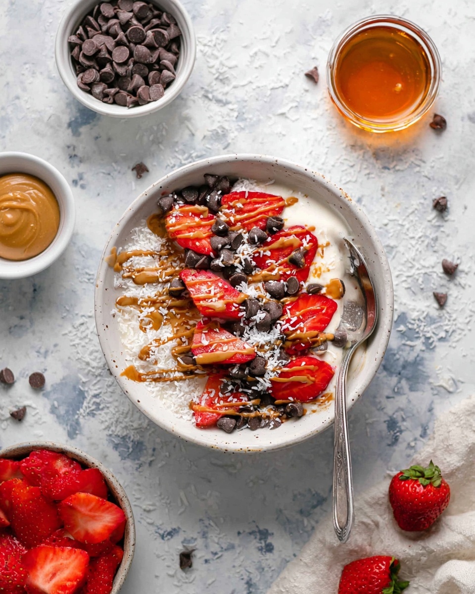 A white bowl filled with a creamy white base, topped with bright red sliced strawberries arranged in the center, dark brown large chocolate chips scattered over the strawberries and around the bowl, and light brown almond butter drizzled in lines over the top. There is also a fine sprinkle of white shredded coconut on the strawberries and chocolate chips. A silver spoon rests inside the bowl on the right side. The bowl is set on a surface with a white marbled texture. Around the bowl, there is a small white bowl filled with chocolate chips at the top left, a small white bowl with almond butter and a white spoon on the left, a small glass container of amber honey or syrup on the right, and a bowl of red sliced strawberries at the bottom left, along with a few whole strawberries near the bottom center. Photo taken with an iphone --ar 4:5 --v 7