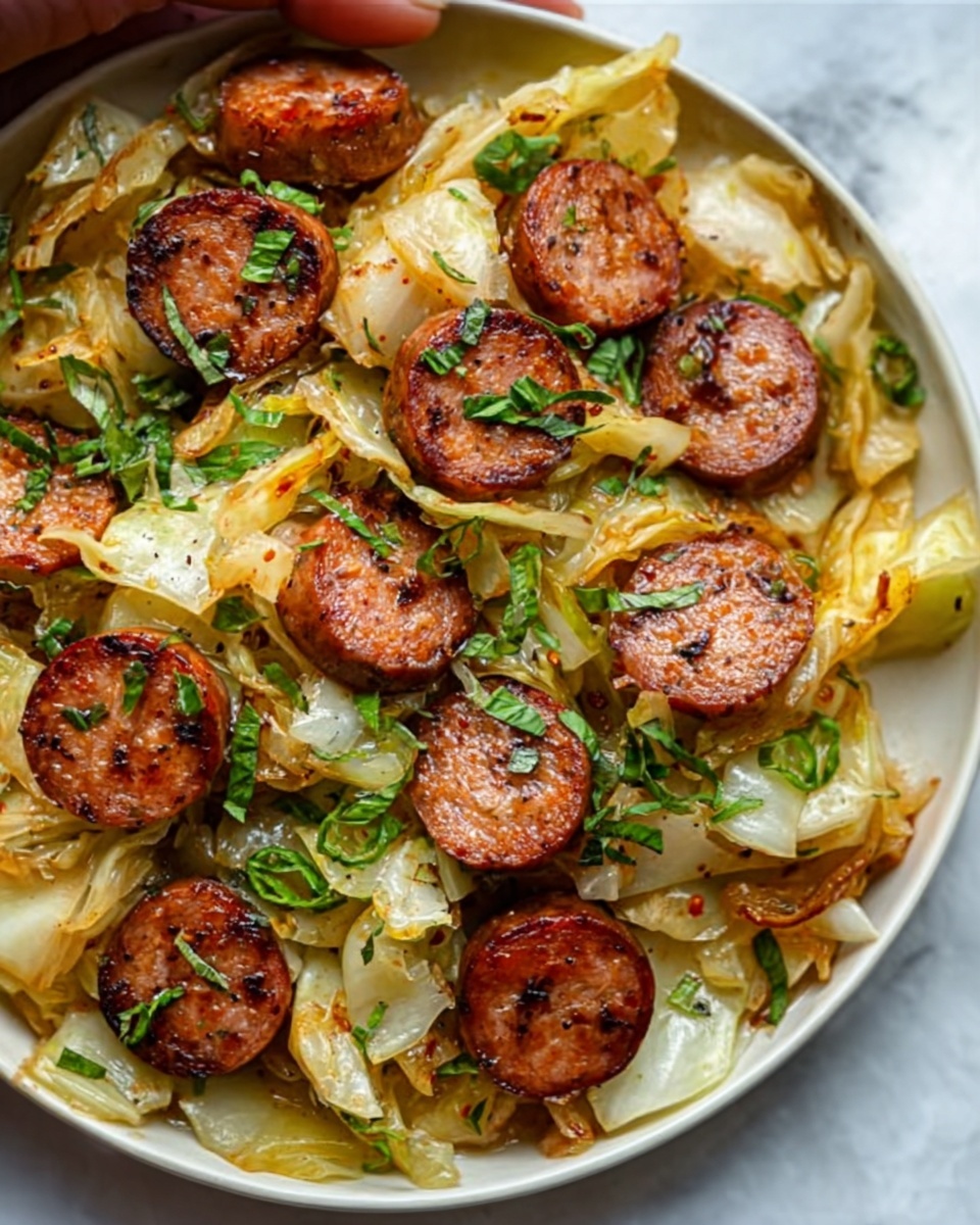The dish shows slices of browned grilled sausage arranged on top of cooked cabbage pieces that are soft and slightly translucent, with a light golden color at some edges. The sausage slices are a rich brown with visible herbs and spices inside, scattered evenly across the cabbage layer. Small bits of fresh green herbs are sprinkled on the whole dish, adding a few pops of bright green color. The food is presented on a white plate against a white marbled textured surface, with a woman's hand holding the plate from the side. photo taken with an iphone --ar 4:5 --v 7
