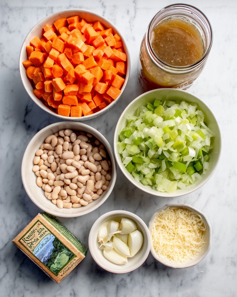 The image shows ingredients for a meal arranged neatly on a white marbled surface. There are two white bowls: one filled with chopped orange carrots and green leeks, the other with light beige beans. A glass jar with brown broth is placed next to the bowls. In front, a square package of seasoning and a white bowl with chopped white onions and garlic sit beside a smaller white bowl with light yellow grated cheese. The colors are bright and fresh, with the mixture of green, orange, beige, white, and brown creating a balanced, clean look. Photo taken with an iphone --ar 4:5 --v 7
