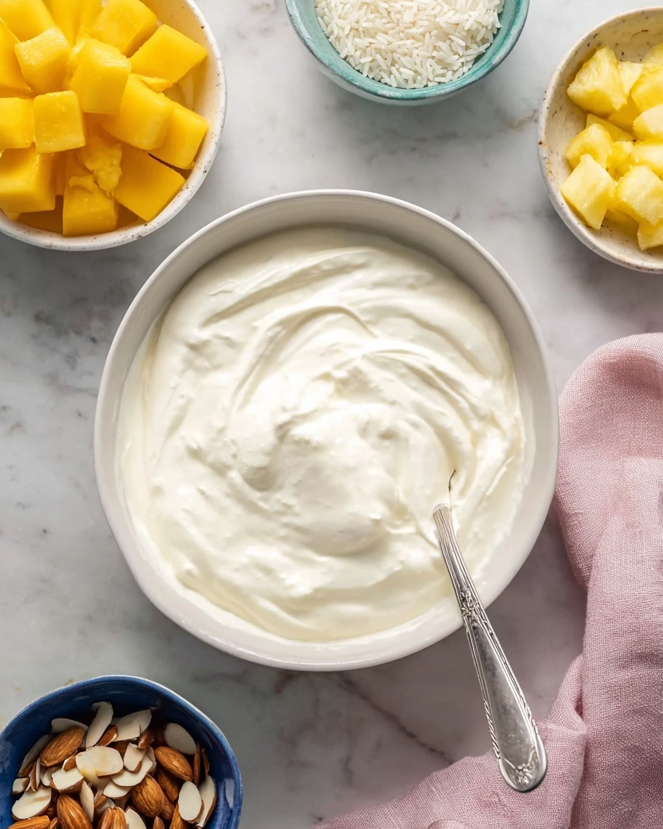 A white bowl filled with thick, creamy white yogurt with smooth swirls on the surface and a silver spoon resting inside it. Around the bowl are three smaller white bowls containing different ingredients: one has small white sticky rice grains, another has bright yellow mango chunks, and the last one has yellow pineapple chunks. A blue bowl with thinly sliced brown almonds is also visible. The bowls are placed on a white marbled surface alongside a soft pink cloth. Photo taken with an iphone --ar 4:5 --v 7