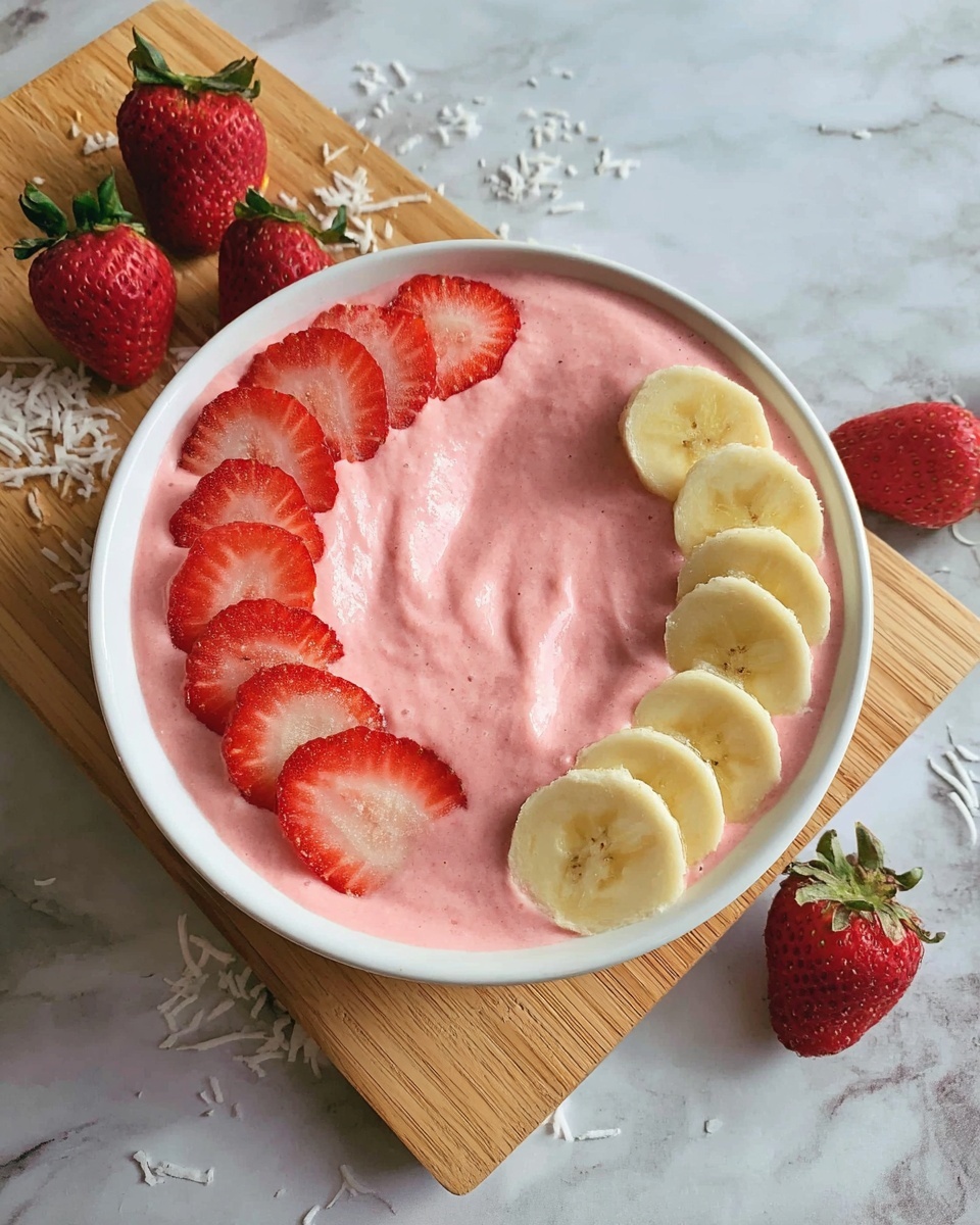 A white bowl holds a smooth, thick pink smoothie base filling it almost to the top. On the left curved side of the bowl, a row of six thin strawberry slices with red edges and white centers is neatly placed, slightly embedded in the smoothie. On the right curved side, seven light yellow banana slices are arranged in a curved row, overlapping each other slightly and resting on the smoothie. The bowl is set on a light wooden board, which sits on a white marbled surface scattered with small white flakes. Three whole strawberries with green leaves are placed to the left of the bowl on the wooden board. Photo taken with an iphone --ar 4:5 --v 7