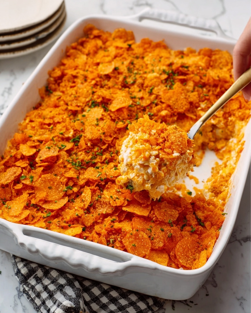 A white rectangular baking dish filled with a layered casserole, topped with a bright orange, crispy layer of crushed chips or crackers that cover the entire surface evenly. The top layer has a rough, crunchy texture with some green herbs sprinkled lightly. The inside layers beneath the topping are creamy and mixed with soft, lighter colored ingredients visible where a scoop has been lifted by a white spoon held by a woman's hand. The dish sits on a white marbled surface with a hint of a black and white checkered cloth under the baking dish's handle. Photo taken with an iphone --ar 4:5 --v 7