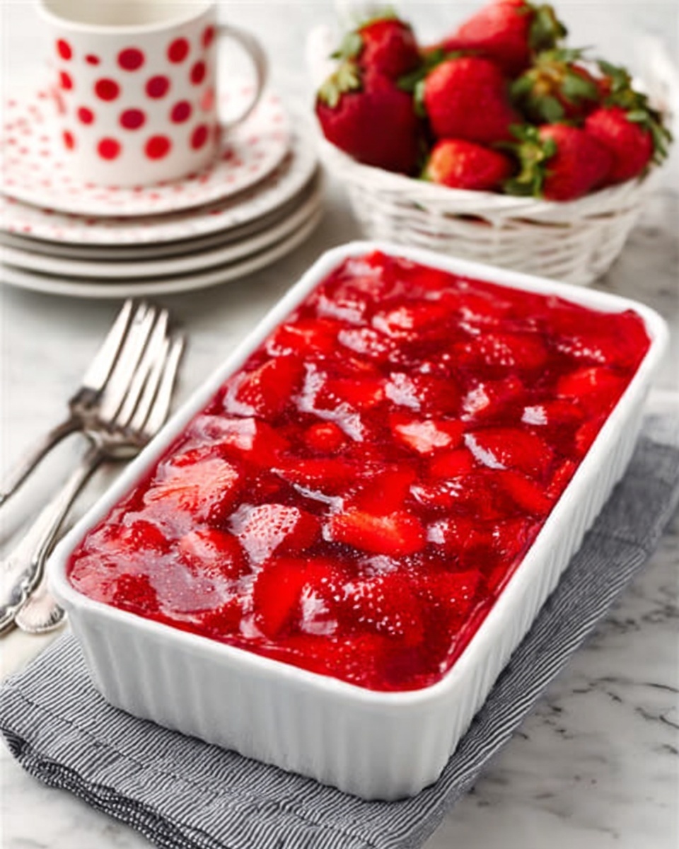 A white rectangular dish filled with a bright red, glossy strawberry jelly layer that has visible sliced strawberries throughout, giving it a textured and slightly bumpy surface. Behind it, there is a white basket filled with fresh whole strawberries and a white mug with a red polka dot pattern, both set on a white marbled surface. A folded gray napkin with stainless steel forks rests to the left side of the dish. Photo taken with an iphone --ar 4:5 --v 7