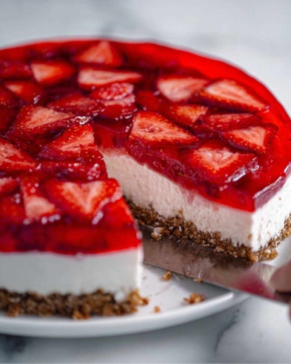 A close-up view of a round dessert with three distinct layers. The bottom layer is a crumbly brown crust, rough in texture and filling the entire base of the white plate. Above it is a thick, smooth white creamy layer, evenly spread. The top layer features bright red jelly, glossy and shiny, with many thinly sliced strawberries placed neatly on top, their seeds and juicy texture clearly visible. A wedge-shaped piece has been removed, showing the inside layers clearly. A woman's hand is holding a knife near the cut slice. The dessert is on a white marbled surface. Photo taken with an iphone --ar 4:5 --v 7