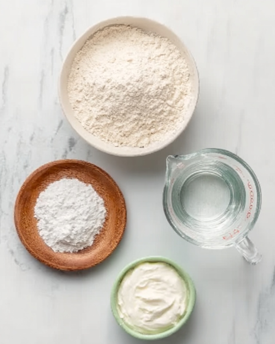 A white bowl full of light beige flour sits at the top center of the image. Below it, a small round wooden plate holds two piles of white powdery substances side by side, and to the right of this, a clear glass measuring cup contains clear water. At the bottom center, a small green bowl contains thick white cream. All items rest on a white marbled surface. photo taken with an iphone --ar 4:5 --v 7