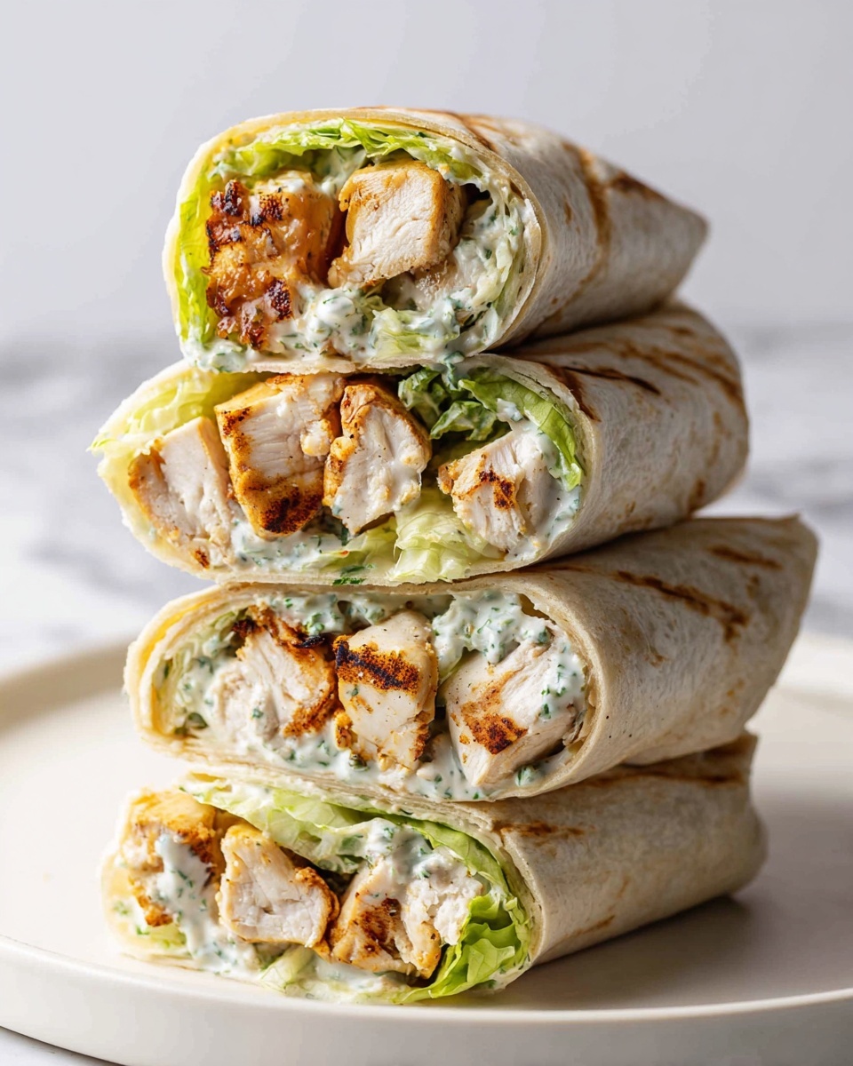 The image shows four wrap halves stacked on a white plate with a white marbled surface background. Each wrap has a thin, light beige outer tortilla layer, inside which there is a fresh green lettuce layer. The main filling is made of chunky pieces of cooked chicken that are light brown with some char marks. The chicken is coated in a creamy white sauce with green herb specks. The wraps are cut to display their cross-section, showing the layers of tortilla, lettuce, chicken, and sauce clearly. Photo taken with an iphone --ar 4:5 --v 7