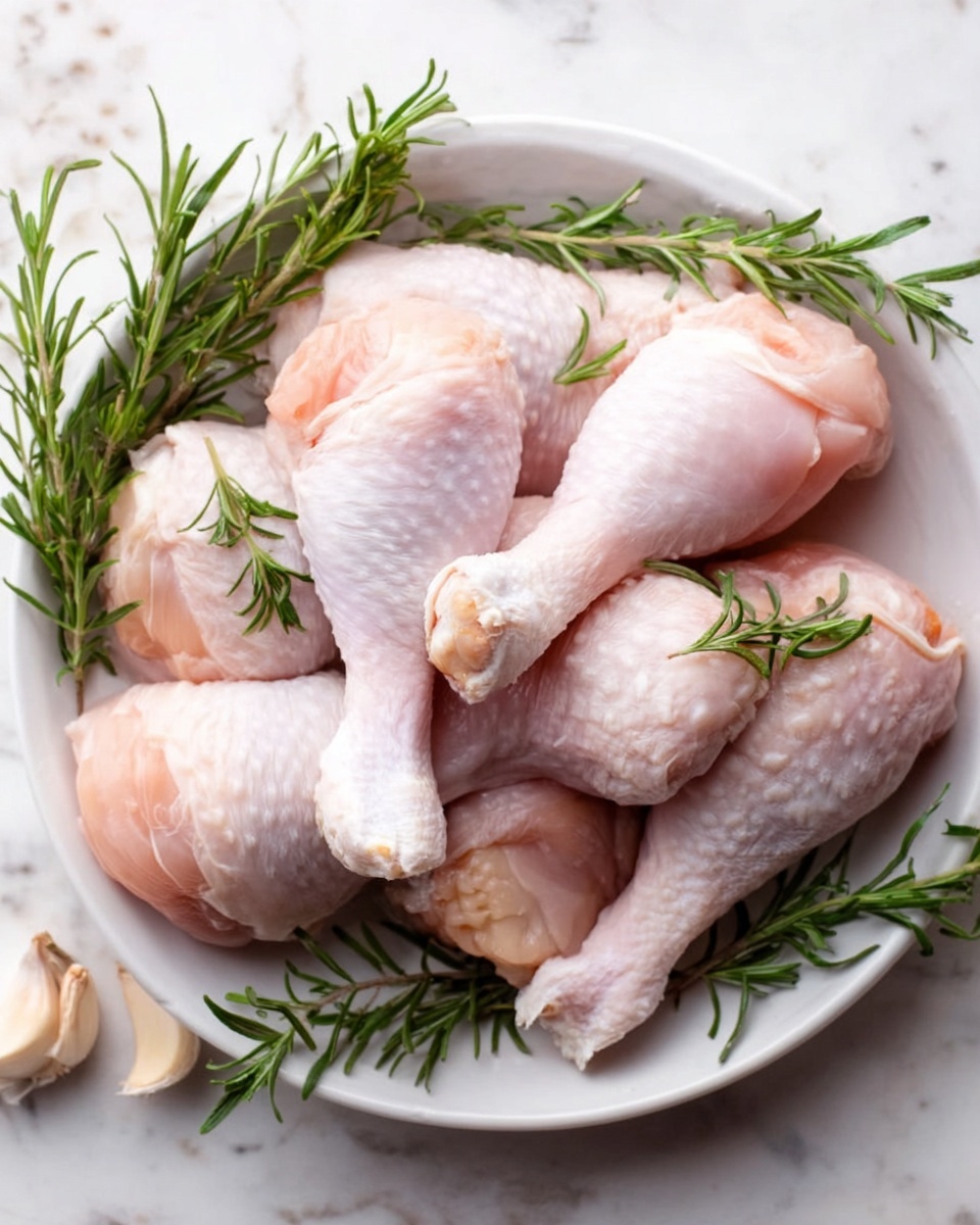 A white plate filled with several raw chicken drumsticks, each light pink with smooth skin. Fresh sprigs of green rosemary are scattered on top and around the drumsticks. There are two garlic cloves placed near the edge of the plate. The plate sits on a white marbled surface, creating a clean, fresh look. Photo taken with an iphone --ar 4:5 --v 7