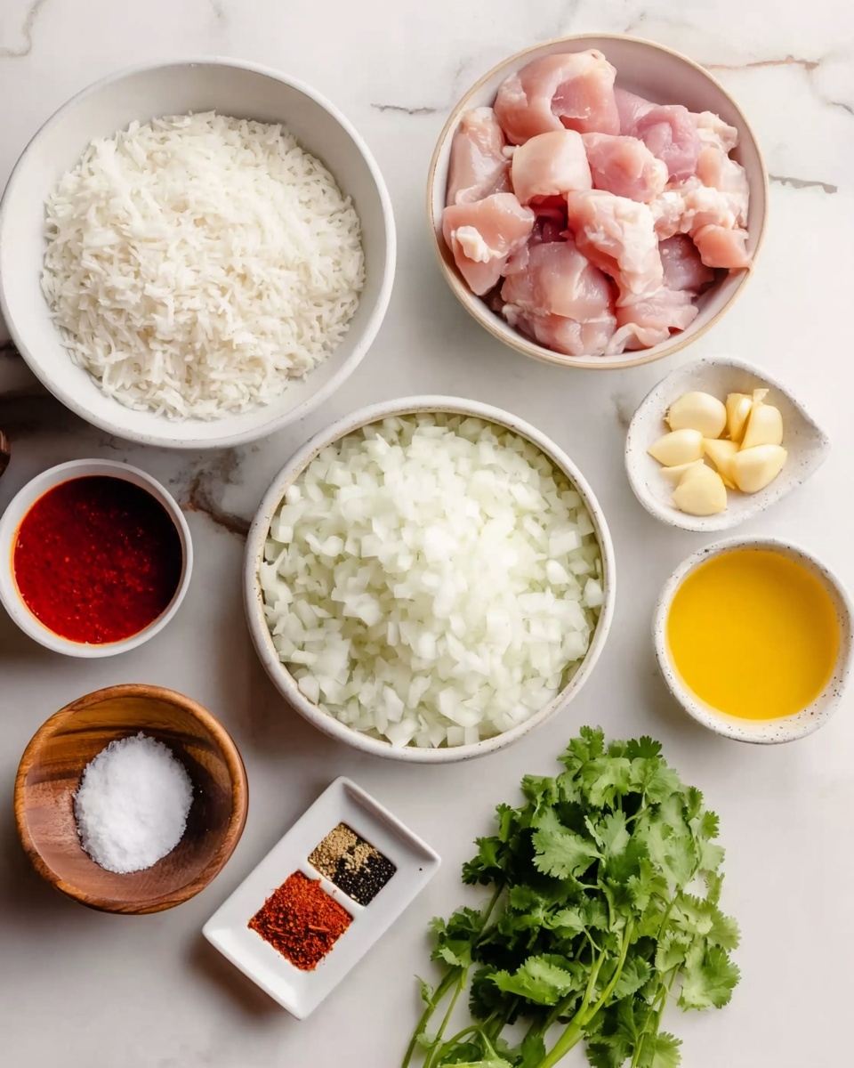 The image shows several white bowls and small containers arranged neatly on a white marbled surface. In the largest white bowl near the top right, there are light pink raw chicken pieces. Below it, a medium white bowl is filled with finely chopped white onions. To the left, a large white bowl holds cooked white rice with a fluffy texture. Around these bowls, there are smaller containers: one with bright red paste, one with a yellow liquid, one with light yellow minced garlic cloves, and two small square dishes with red and black spices. There is also a wooden bowl with white salt and a green bunch of fresh cilantro placed near the center. The scene is well lit and clear, photo taken with an iphone --ar 4:5 --v 7