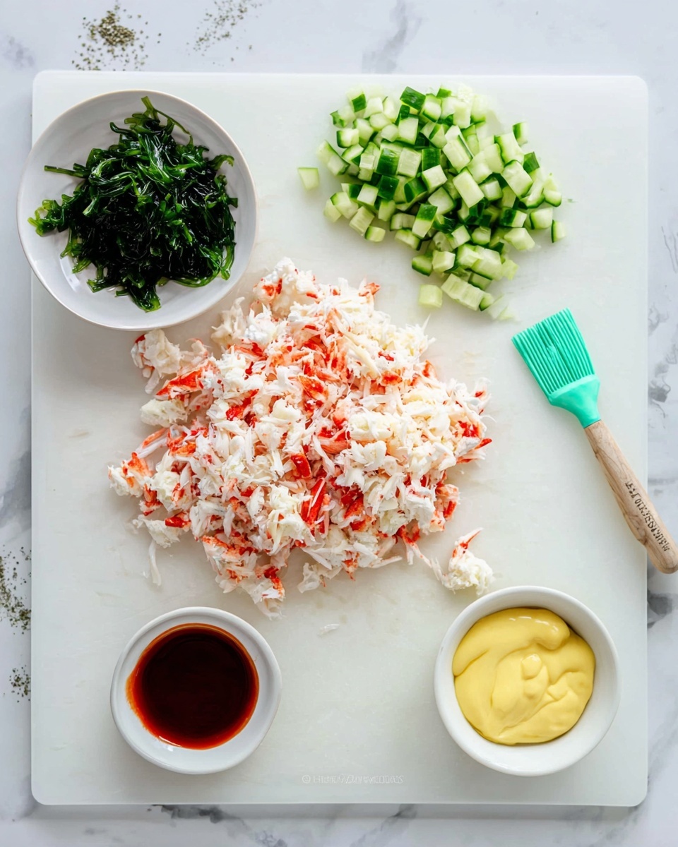 The image shows a white cutting board on a white marbled surface with four main ingredients prepared for a recipe. On the left side, there is a small white bowl filled with chopped green seaweed, with some pieces scattered next to it. In the center, a large pile of finely chopped imitation crab meat with white and red colors is spread out. To the right of the crab meat is a pile of small green cucumber cubes. At the bottom right, there is a white bowl containing yellow mayonnaise and dark red sauce with a turquoise spatula resting inside. photo taken with an iphone --ar 4:5 --v 7