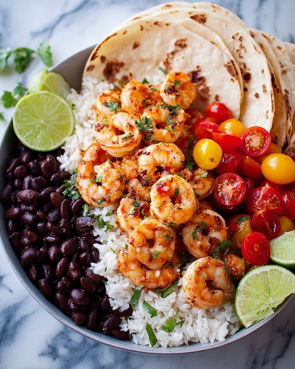The dish shows one white bowl filled with four layers. The bottom layer is white rice, spread evenly across the bowl. On half of the rice, there are black beans, small and shiny, clustered together. On the other half, there are halved cherry tomatoes in red and yellow, scattered freely. On top in the center, there is a pile of orange shrimp cooked with bits of green herbs and red flakes, giving it a glossy look. To the side, leaning on the bowl's edge, are two round light brown tortillas with darker spots from cooking. Around the bowl on the white marbled surface, there are lime wedges for decoration. Photo taken with an iphone --ar 4:5 --v 7