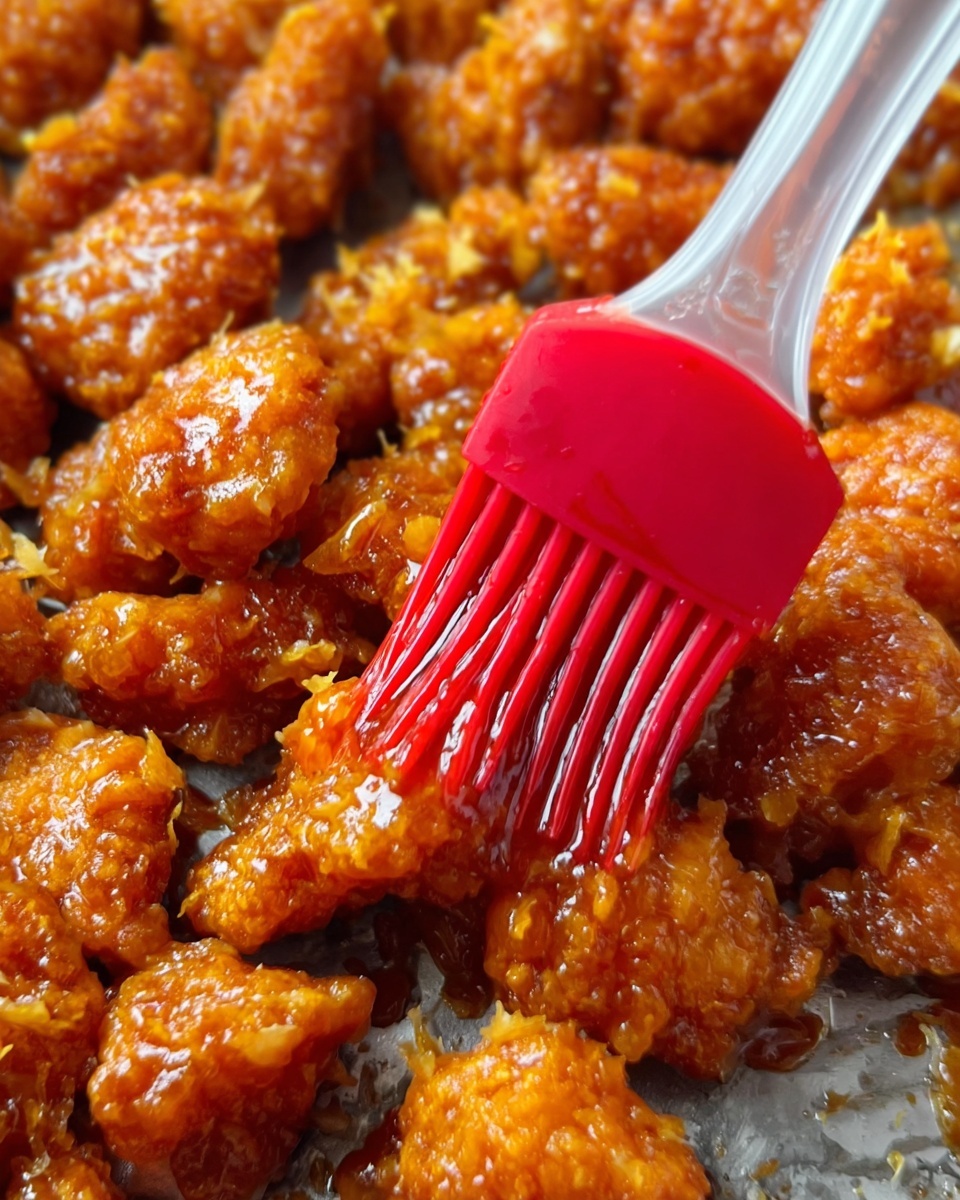 The image shows many small pieces of crispy food covered in a rich, sticky orange sauce. A red silicone brush with a clear handle is spreading sauce on one piece, making the sauce look shiny and thick. The pieces have a rough texture with crunchy edges and are closely packed. The background is a white marbled surface. Photo taken with an iphone --ar 4:5 --v 7