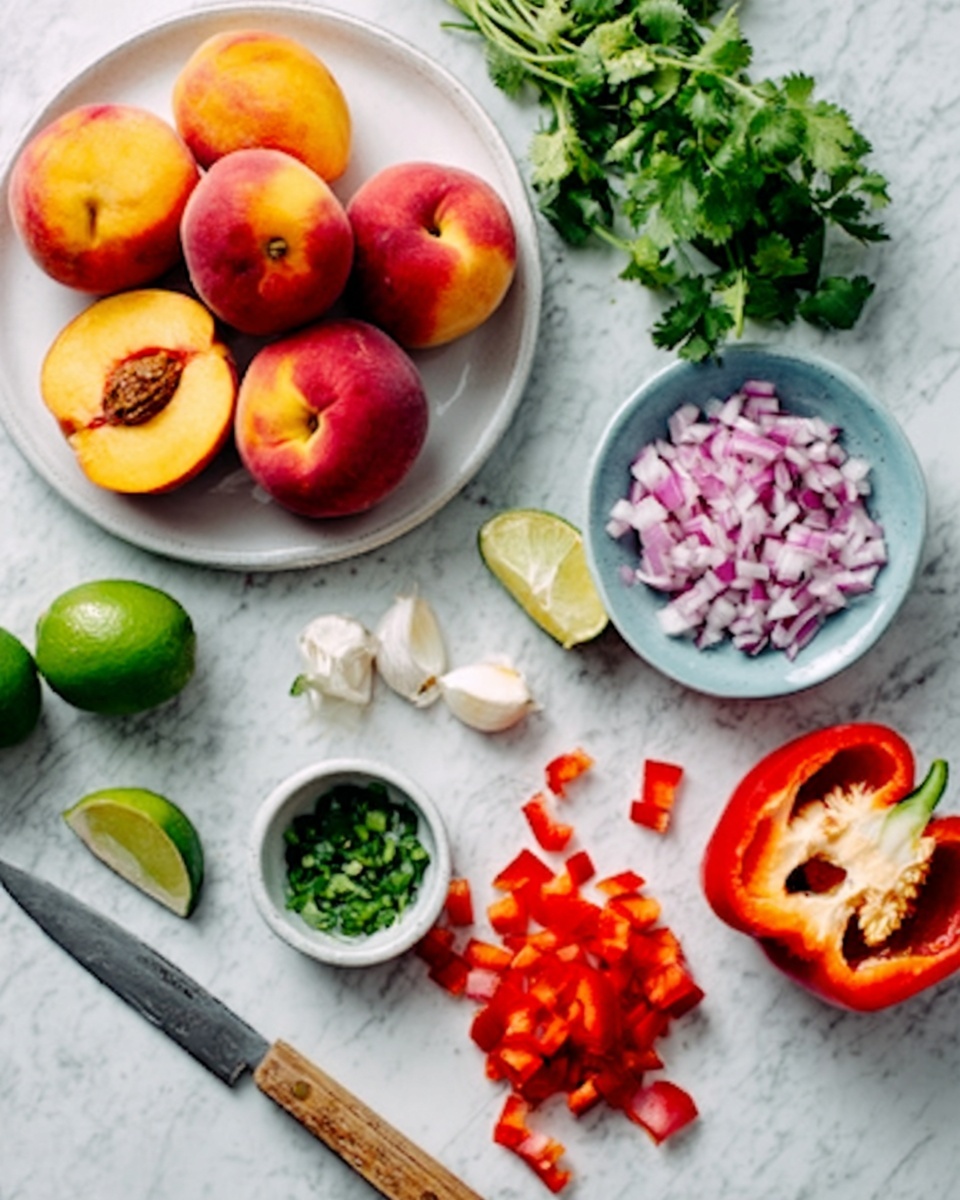 The image shows a white marbled surface filled with fresh ingredients arranged carefully. On a white plate, there are five red and yellow peaches. Nearby are chopped red onions in a small white bowl and finely sliced green herbs in another small white bowl. A wooden knife with a silver blade lies on the marble, next to diced red bell peppers and whole red bell pepper halves. Fresh green limes, garlic cloves, and sprigs of cilantro are scattered around, adding different shades of green and white. The colors are bright and fresh, with reds, greens, and yellows standing out against the clean white marble background. Photo taken with an iphone --ar 4:5 --v 7