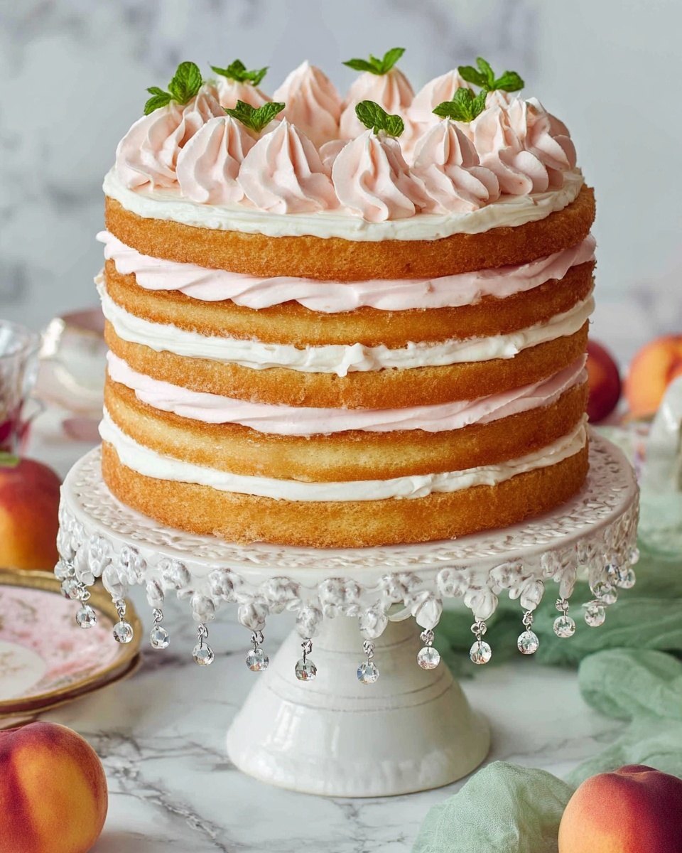 The image shows a tall, layered cake with five layers of golden-brown sponge cake. Between each sponge layer, there is a thick spread of pale pink cream with a smooth, ridged texture. There are also thin layers of white cream between some sponge layers adding contrast. On top of the cake, small swirls of the same pale pink cream are evenly piped, with a few green mint leaves placed for decoration. The cake sits on an ornate white cake stand with hanging crystal beads, and the background is a white marbled surface with a few peaches and a green cloth nearby. Photo taken with an iphone --ar 4:5 --v 7