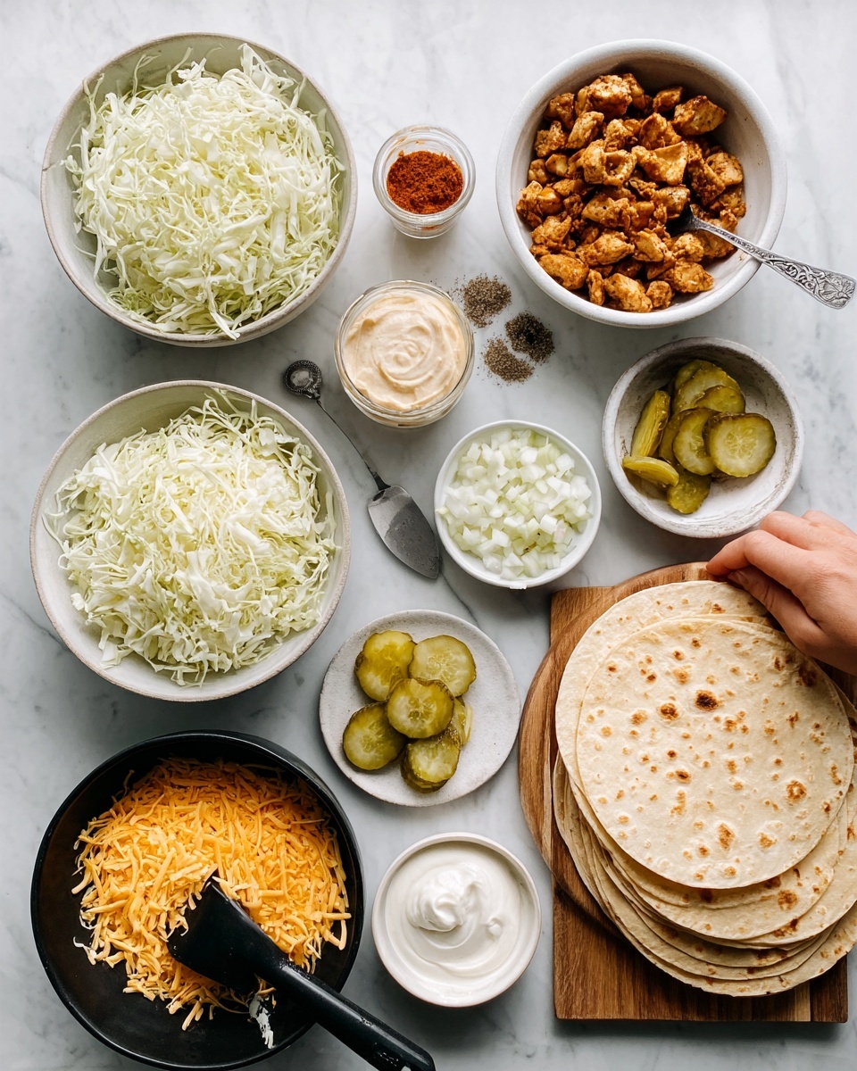 The image shows a white marble surface with several white bowls and plates arranged neatly, each holding different taco ingredients. There are two layers of white shredded cabbage placed in bowls on the left and bottom center. A large white bowl near the top contains golden-brown cooked meat pieces. In small white bowls near the center are chopped white onions, pickles, a reddish spice powder, and creamy white sauce. A black bowl on the bottom left holds a bright orange shredded cheese layer with a black spatula resting on its edge. On the right side, there is a stack of soft, round tortillas placed on a wooden board. The colors of the ingredients contrast clearly with the white marble background, and the textures range from soft meats to crunchy vegetables and smooth sauces, while a woman's hand is reaching toward the tortillas. Photo taken with an iphone --ar 4:5 --v 7