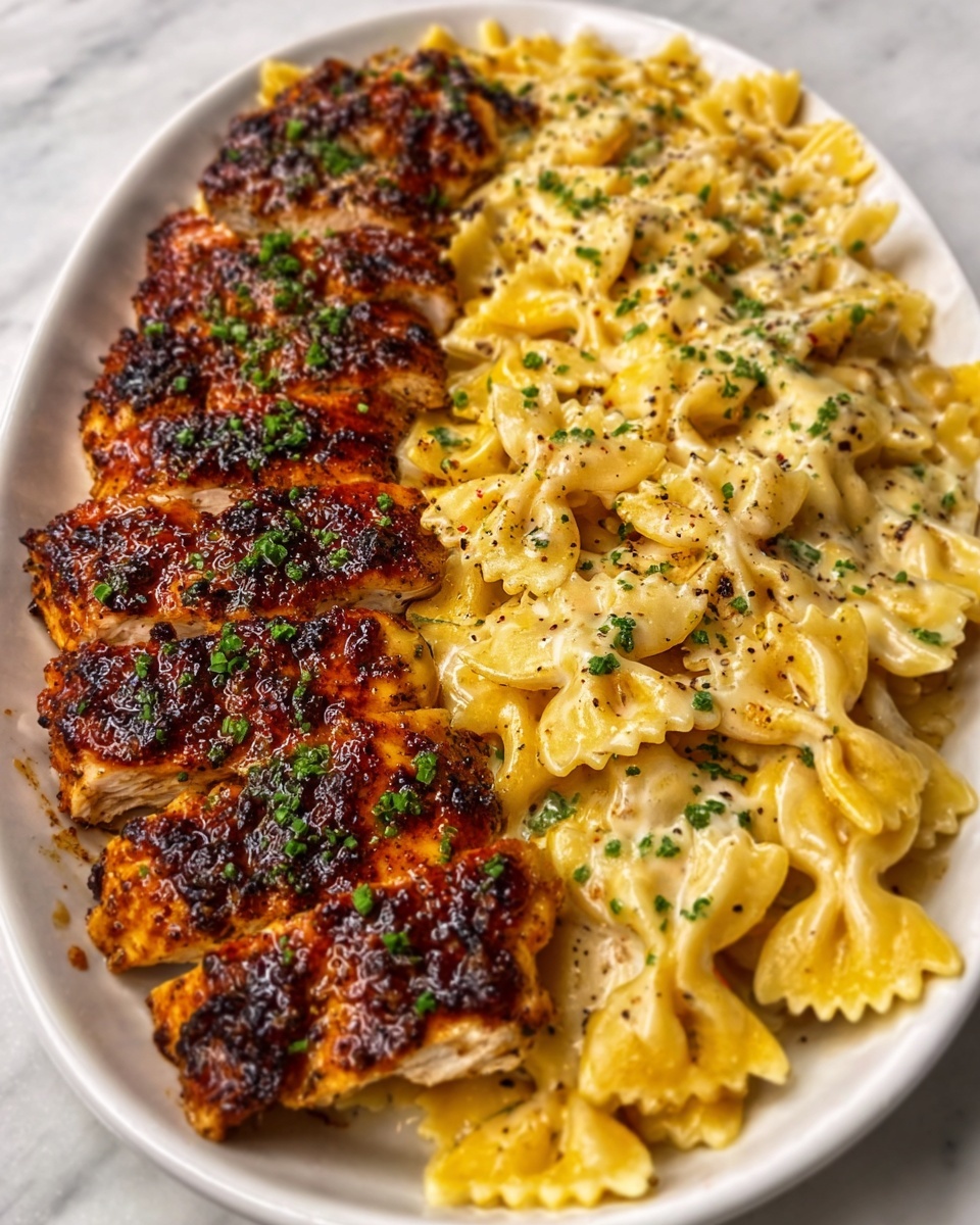 The image shows a white oval plate on a white marbled surface, filled with two main parts. On the left side, there is a layer of grilled chicken with a shiny, dark brown color and slightly crispy texture, topped with small green herb sprinkles. On the right side, there is a creamy layer of bowtie pasta, coated in a light yellow cheese sauce with flecks of black pepper and green herbs scattered on top. The chicken and pasta are placed side by side, filling the plate evenly. Photo taken with an iphone --ar 4:5 --v 7