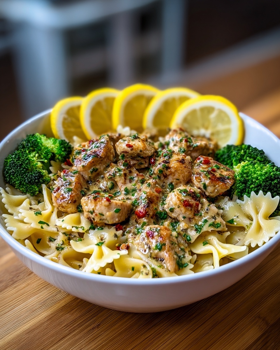 A white bowl filled with three layers: the bottom layer has farfalle pasta with a light yellow color and a smooth texture, mixed with bright green broccoli florets placed evenly around the edges; the middle layer holds several lemon wedges with a pale yellow color, arranged on one side of the bowl; the top layer is made of browned pieces of chicken coated with a creamy sauce speckled with green herbs and bits of red pepper, giving a glossy look. The bowl is set on a wooden surface with a blurred kitchen background. Photo taken with an iphone --ar 4:5 --v 7