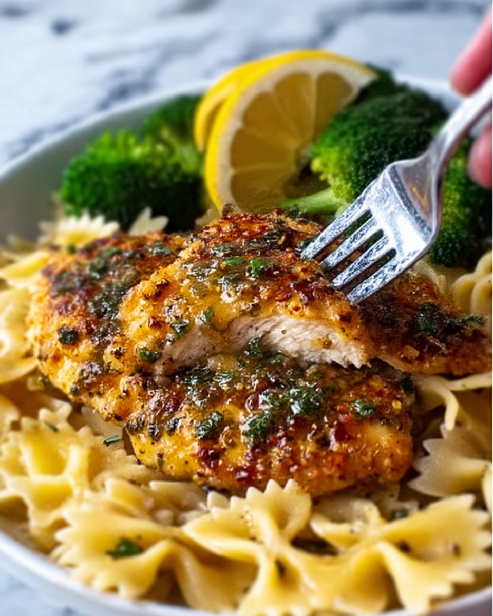 The image shows a close-up of a piece of cooked chicken with a golden-brown crispy crust and visible herbs and spices on top. The chicken is placed on a bed of cooked bow-tie pasta that looks soft and slightly glossy. Broccoli florets with a rich green color sit to the side of the chicken and pasta. A woman's hand is holding a fork, stabbing the chicken to show its juicy texture. In the background, there is a slice of lemon adding a touch of bright yellow. The whole dish is presented on a white plate, set against a white marbled surface. photo taken with an iphone --ar 4:5 --v 7